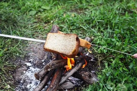 Pieces of bread fried at the stake put on skewers Stock Photos