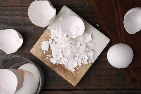 Pieces of broken eggshells on wooden table, flat lay Foto stock