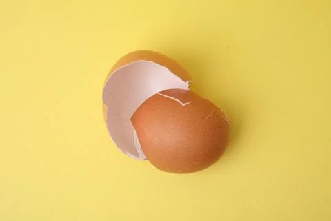 Pieces of broken eggshells on yellow background, top view 스톡 사진