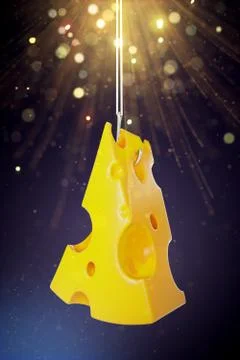 A pieces of cheese hanging on a hook. 3D Render Illustrazione stock
