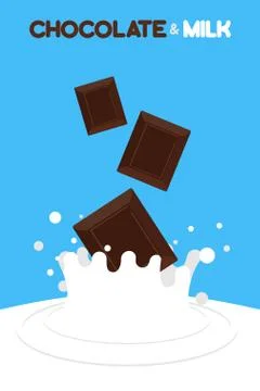 Pieces of chocolate fall in milk. Splash of milk on a blue background. Vector Stock Illustration