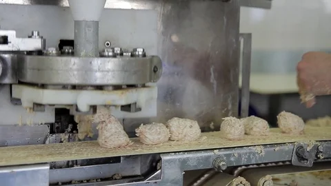 Pieces of chopped chicken meat fall on conveyor belt of factory Video stock 76200754