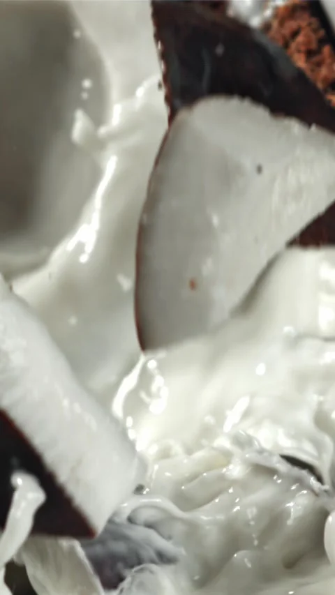 Pieces of coconut fall into the milk with splashes. Filmed on a high-speed 動画素材 335359018