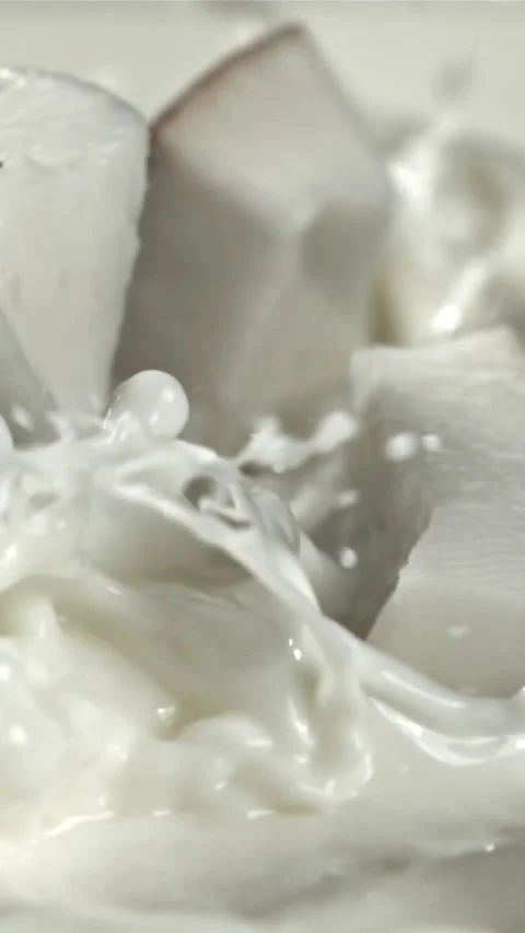 Pieces of coconut fall into the milk with splashes. Filmed on a high-speed 動画素材 335359205