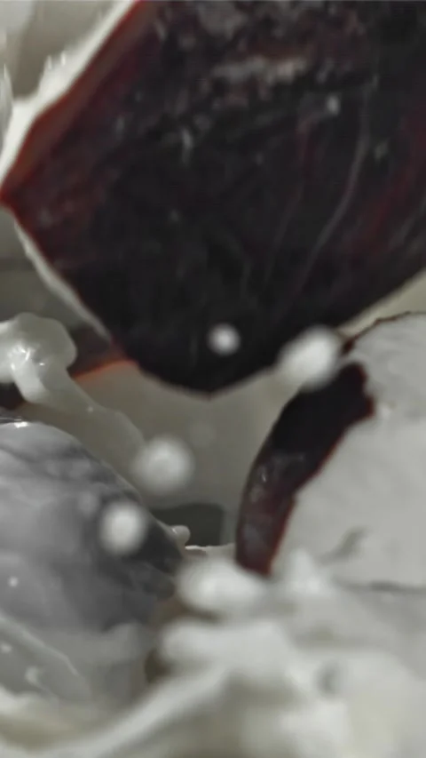 Pieces of coconut fall into the milk with splashes. Filmed on a high-speed 動画素材 335360179