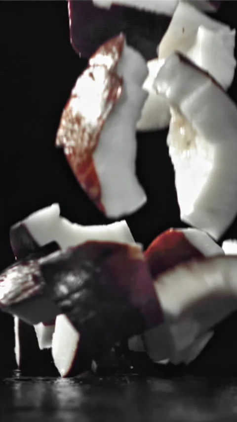 Pieces of coconut fall on the table. On a black background. Filmed on a high 動画素材 335359516