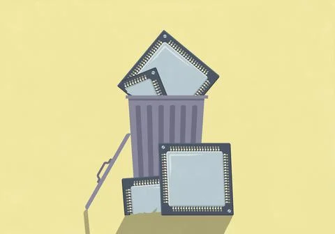 Pieces of computer chips in garbage can against yellow background 스톡 일러스트