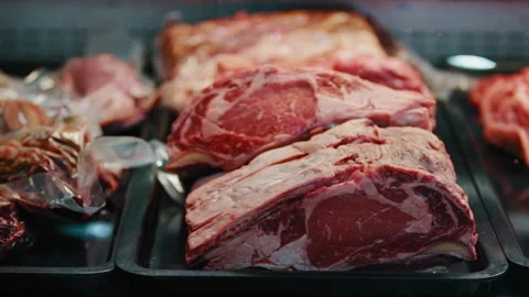 Pieces of a cut meat at a butchery Stock Footage 274591085