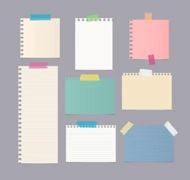 Pieces of different size colorful note, notebook, copybook paper sheets stuck Stock Illustration