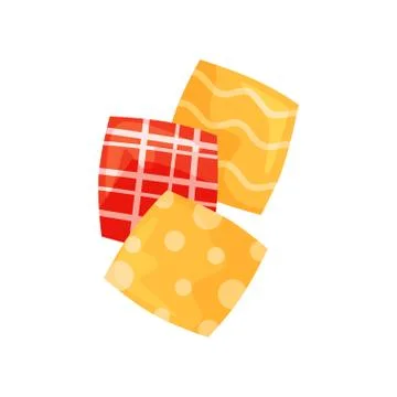 Pieces of fabric with different patterns. Bright yellow and red cloth. Items Illustrazione stock