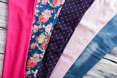 Pieces of fabric with patterns. Stock Photos