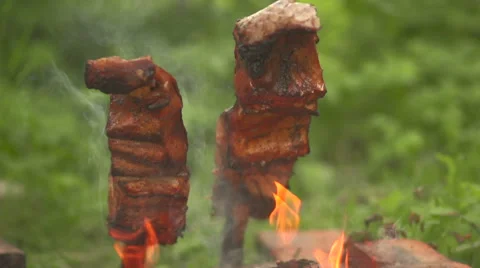 Pieces of fish on an open fire general plane Stock Footage 55249110