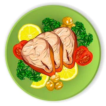 Pieces of fish served with vegetables Illustrazione stock