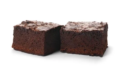 Pieces of fresh brownie on white background. Delicious chocolate pie Stock Photos