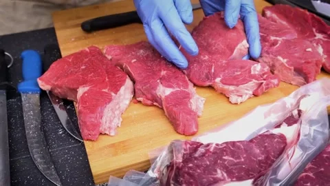 Pieces of fresh red meat Stock Footage 157660083