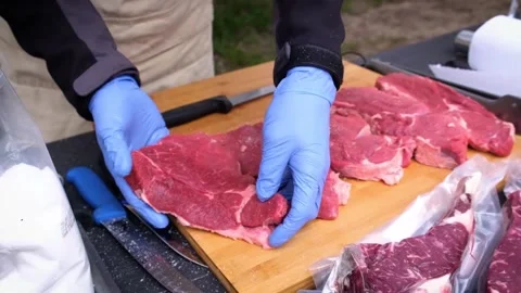 Pieces of fresh red meat Stock Footage 157660091