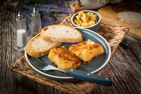 Pieces of fried cod fillet. Foto stock