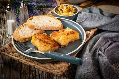 Pieces of fried cod fillet. Stock Photos