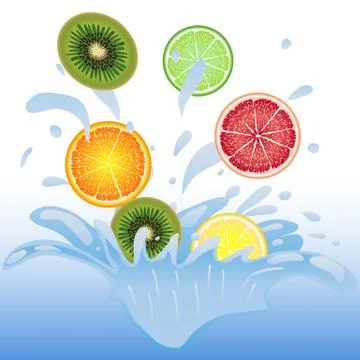 Pieces of fruit falling into the water, orange, lemon, lime, kiwi, grapefruit Stock Illustration