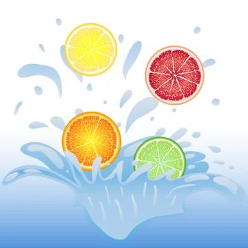 Pieces of fruit falling into the water, orange, lemon, lime, grapefruit. Spla Stock Illustration