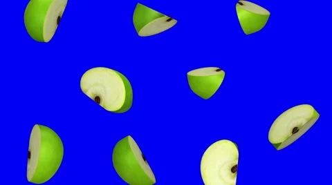 Pieces of green apple falling on blue screen, seamless loop, CG Stock Footage 65024649