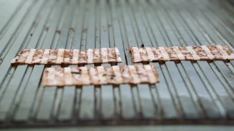 Pieces of grilled bacon in a pan Stock Footage 115839872