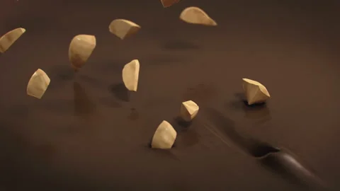 Pieces of Hazelnuts Falling Into Liquid Chocolate in 4K Super slow motion Stock Footage 141982711