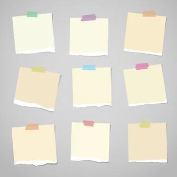 Pieces of light brown torn note paper with colorful adhesive, sticky tape stuck Stock Illustration