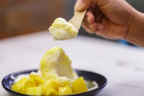 Pieces of mango and iceflake Stock Photos