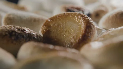 Pieces of marshmallows sprinkled with powdered sugar in slow motion Stock Footage 101732574