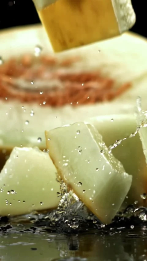 Pieces of melon fall on a wet surface. Filmed on a high-speed camera at 1000 fps Stock Footage 335368602