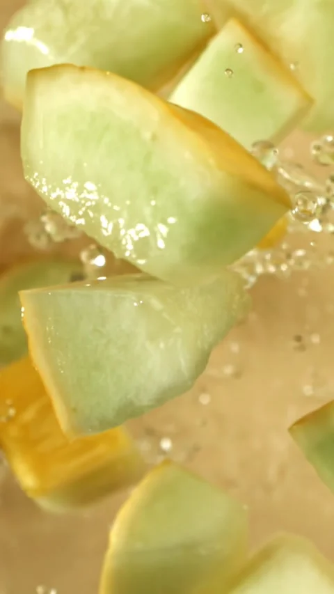 Pieces of melon fly on a light background. Filmed on a high-speed camera at 1000 Stock Footage 335384256