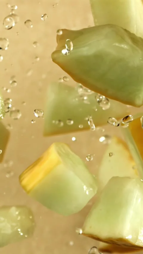 Pieces of melon fly on a light background. Filmed on a high-speed camera at 1000 Stock Footage 335384831