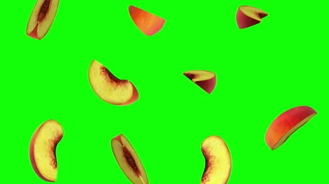 Pieces of peach falling on green screen, seamless loop, CG Video stock 65024715