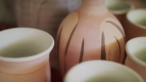 Pieces of pottery in an art studio Stock Footage 138592948