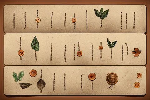Pieces of processed leather on which a decorative thread with buttons and leaves Stock Illustration