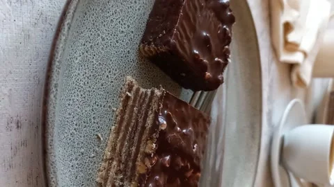 Pieces of puff waffle chocolate cake Stock Footage 171639628