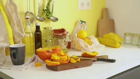 Pieces of pumpkin on cutting board Stock Footage 159142056