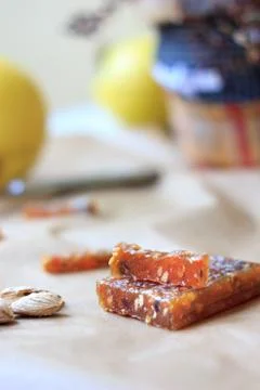 Pieces of quince jam. Delicious paste. Stock Photos