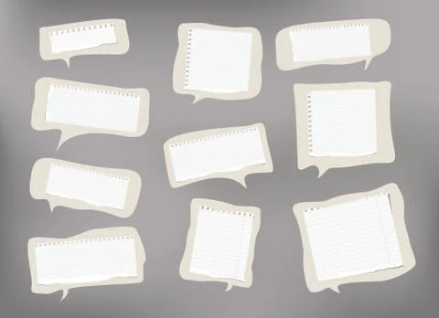 Pieces of ripped ruled white note, copybook, notebook paper are on brown speech Stock Illustration
