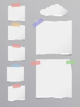 Pieces of ripped white blank note paper are stuck with striped sticky tape on Stock Illustration