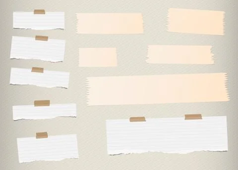 Pieces of ripped white, lined blank note paper, brown sticky, adhesive tapes are Stock Illustration