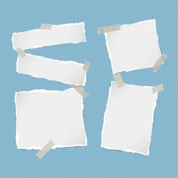 Pieces of ripped white note, notebook, copybook paper strips stuck with sticky Stock Illustration