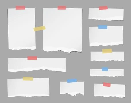 Pieces of ripped white note paper are stuck with masking tapes on gray Stock Illustration