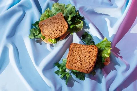 Pieces of rye bread with various greens on a drapery, concept of healthy sand Stock Photos