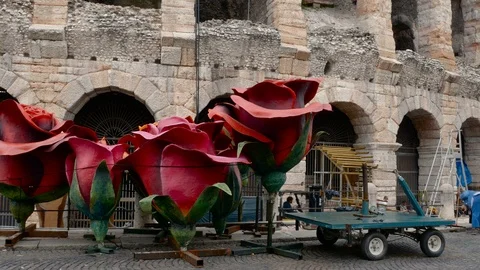 Pieces of set design of the Aida opera are transported to the Arena for a show Stock Footage 99233864