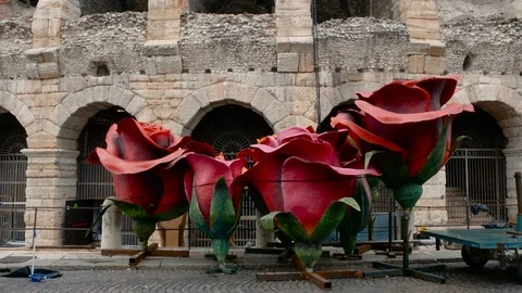 Pieces of set design of the Aida opera are transported to the Arena for a show Video stock 99234819