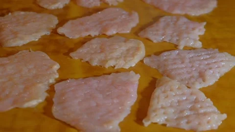 Pieces of sliced ​​meat on the table, healthy eating Stock Footage 326980376