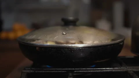 Pieces of stewed beef with potatoes are fried on a gas stove in a frying pan Stock Footage 101204407