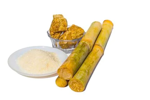 Pieces of sugarcane with white sugar Stock Photos